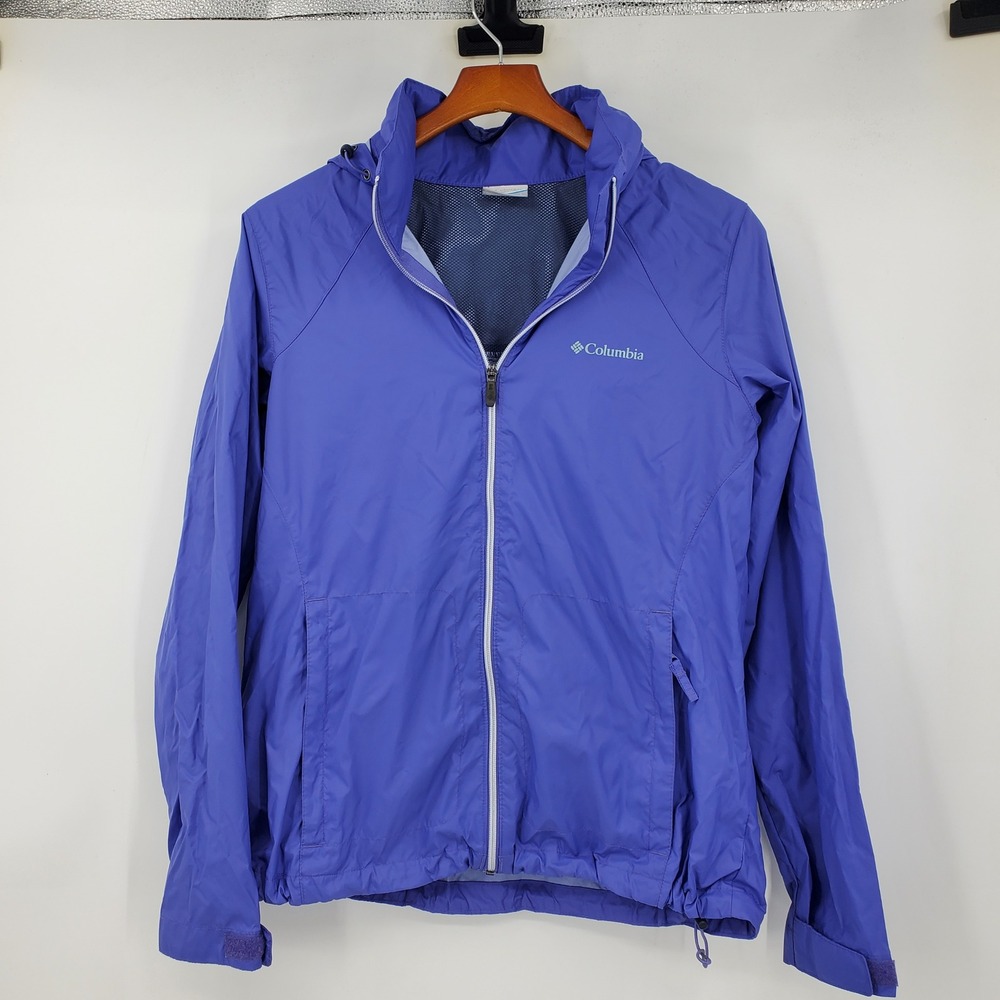 Columbia Blue Purple Windbreaker Rain Jacket Hood Women Large Outdoors Hiking